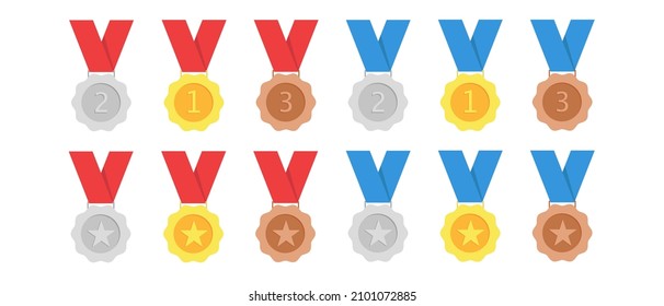 Gold, silver, bronze medal with red and blue ribbon. 1st, 2nd and 3rd places. Vector illustration