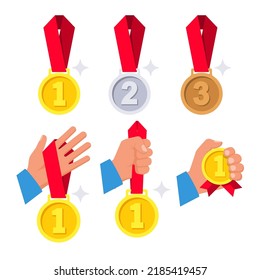 Gold, silver, bronze medal with red ribbon. A set of medals in the hand. 1st, 2nd and 3rd places. First, second, third place. Award winner trophy . Golden badge for achievement. Vector flat design. 