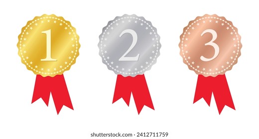 Gold, Silver and Bronze medal with red ribbon set. Champion and winner awards medal set with red ribbon. First place trophy - Vector Icon