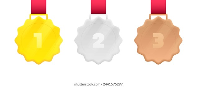 Gold, silver and bronze medal with red ribbon in 3d style with glowing effect. 1st, 2nd and 3rd places. Design concept of rating, award, prize place, achievement. Vector illustration.