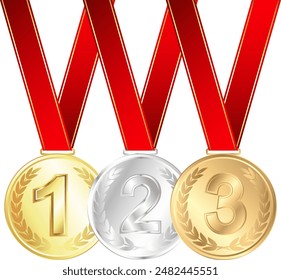 Gold, silver and bronze medal with red ribbon. Winner design first second third place