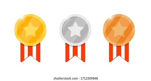 Gold silver bronze medal reward set with star and striped ribbon for video game or apps animation. First second third place bonus achievement award. Winner trophy isolated flat vector illustration