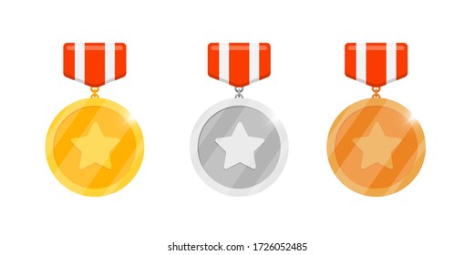 Gold silver bronze medal reward set with star and striped ribbon for video game or apps animation. First second third place bonus achievement award. Winner trophy isolated flat eps vector illustration