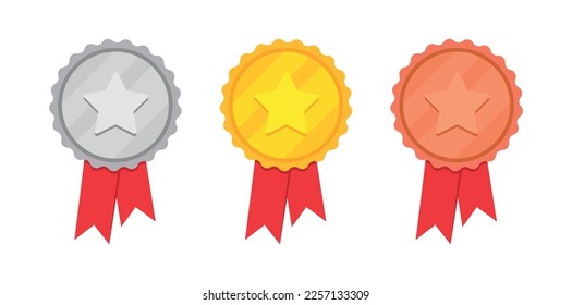 Gold silver bronze medal reward set with star and striped ribbon for video game or apps animation. First second third place bonus achievement award. Winner trophy isolated flat vector illustration 10 