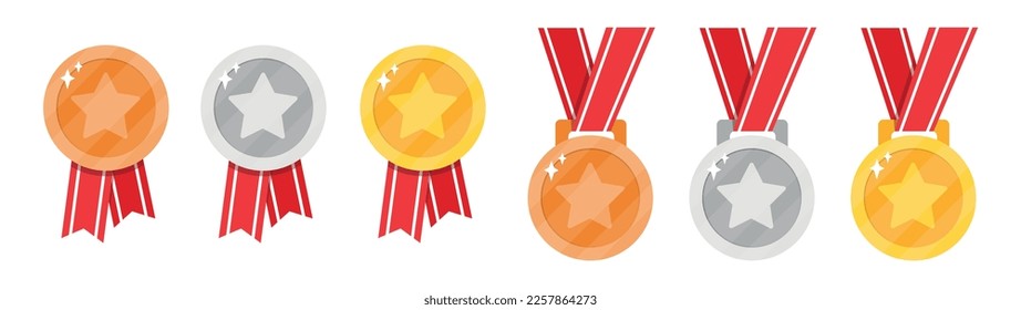 Gold silver bronze medal reward set with star and striped ribbon for video game or apps animation. First second third place bonus achievement award. Winner trophy isolated flat vector 10 eps.