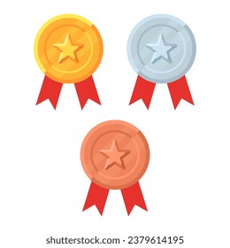 Gold , silver, and bronze medal with ribbon and stars. Flat illustration of gold medal with stars