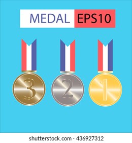 Gold, silver and bronze medal with ribbon in flat icon style.