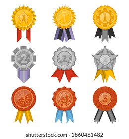 Gold, silver and bronze medal set. Isolated first, second and third place award label icons. Winner medal badge design vector illustration