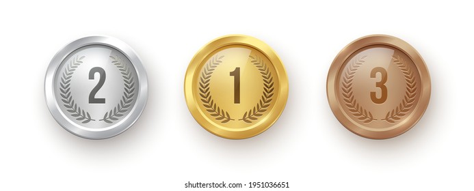 Gold, silver, bronze medal set. Champion trophy awards with numbers and laurel vector illustration. Prize in sport for winning first, second, third place in competition on white background.