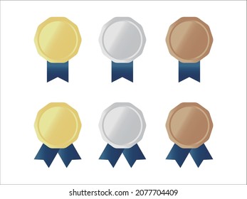 Gold, silver and bronze medal set with blue ribbon
