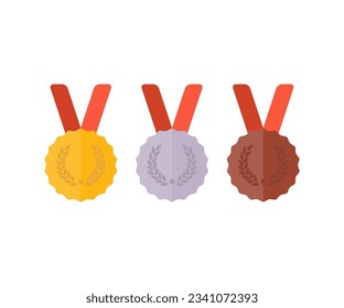 Gold, silver, bronze medal set. 1st, 2nd and 3rd places. Trophy with red ribbon vector design and illustration.