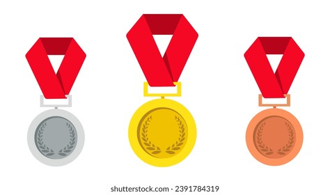 Gold, silver, bronze medal set. Winning award symbols. 1st, 2nd and 3rd places. Trophy with red ribbon. Flat style - stock vector.