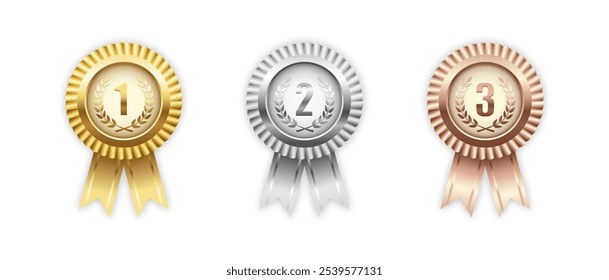 Gold, silver, bronze medal set. Champion trophy awards with numbers and laurel vector illustration. Prize in sport for winning first, second, third place in competition on white background, vector ill