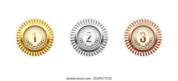 Gold, silver, bronze medal set. Champion trophy awards with numbers and laurel vector illustration. Prize in sport for winning first, second, third place in competition on white background. Vector 10 