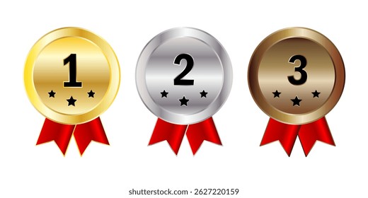 Gold, Silver, and Bronze Medal Set with Red Ribbon - Vector Illustration of 1st, 2nd, and 3rd Place Award for Competition or Sports Winner