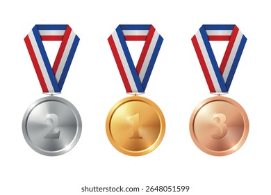 Gold Silver Bronze Medal Set Realistic Vector Icons with Blue, White and Red Ribbon for Winner Award, Achievement Badge, Prize Ceremony, Sport Competition Trophy, Champion Symbol Isolated on White