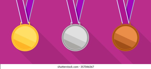 Gold, silver, bronze medal set in flat design style.