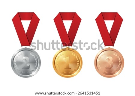 Gold Silver Bronze Medal Set Realistic Vector Icons with Red Ribbon for Winner Award, Achievement Badge, Prize Ceremony, Sport Competition Trophy, Champion Symbol Isolated on White