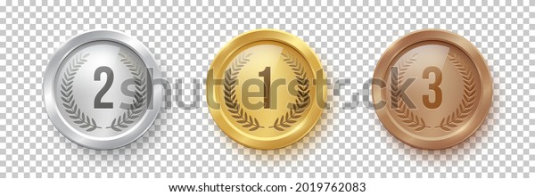 Gold, silver, bronze medal set. Champion
trophy awards with numbers and laurel vector illustration. Prize in
sport for winning first, second, third place in competition on
transparent background.