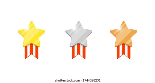 Gold silver bronze medal star reward set for computer video game or mobile apps animation. First second third place bonus achievement award. Winner trophy isolated flat eps icon vector illustration
