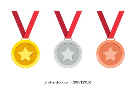 Gold, silver and bronze medal with star. Icon of coin or prize. Badge with ribbon for olympic game. Trophy and award for winner in flat style. 1st, 2nd and 3rd place. Vector.