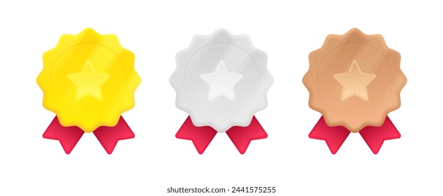 Gold, silver and bronze medal with star and red ribbon in 3d style with glowing effect. 1st, 2nd and 3rd places. Design concept of rating, award, prize place, achievement. Vector illustration.