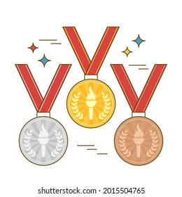 gold, silver and bronze medal with a torch and a red ribbon. flat icon and shining winner medal on white background. vector illustration in cartoon style.