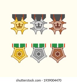 Gold silver bronze medal vector set for video game assets, poster or animation in eps 10 with simple flat design style.