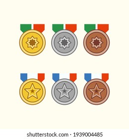 Gold silver bronze medal vector set for video game assets, poster or animation in eps 10 with simple flat design style.