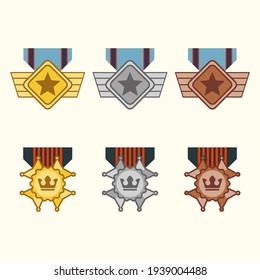 Gold silver bronze medal vector set for video game assets, poster or animation in eps 10 with simple flat design style.