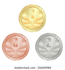gold, silver, bronze medal vector with 1, 2, and 3 place