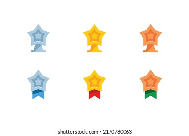 Gold, Silver and Bronze Medal. Winner Medal with star. Prize champion. Flat style