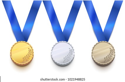 Gold, silver and bronze medal for winter sport game. Isolated on white set vector illustration