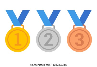 Gold, silver and bronze medals with 1st, 2nd and 3rd place numbers flat vector icons for sports apps and websites