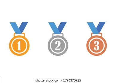 Gold, Silver And Bronze Medals With 1st, 2nd And 3rd Place Numbers Flat Vector Icon. Can Be Used For Web, Mobile, Infographic And Print. EPS 10 Vector Illustration. 