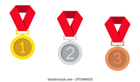 Gold, silver, bronze medals. 1st, 2nd and 3rd places. Trophy with a red ribbon. Flat style - vector design	