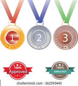 Gold silver and bronze medals for 1st , 2nd and 3rd places with red blue and green ribbons. Isolated clip art / graphic on white background
