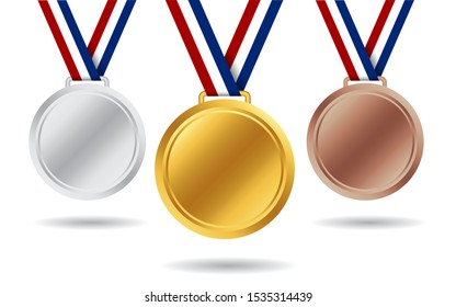 Gold, silver, bronze medals. 3d award medal for 1st, 2nd, 3nd place. Blank insignia of medal with red, white, blue ribbon for victory of winner. Champion reward. Design honor medal isolated. vector