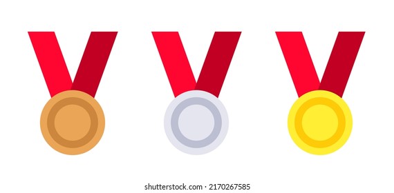 Gold, silver, bronze medals. 3d award medal for 1st, 2nd, 3nd place. Blank insignia of medal with red ribbon for victory of winner. Champion reward. Design honor medal isolated. Vector