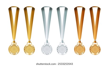 Gold, Silver, and Bronze Medals in 3D Style with Star and Ribbon | Award and Achievement Design Concept. Vector.