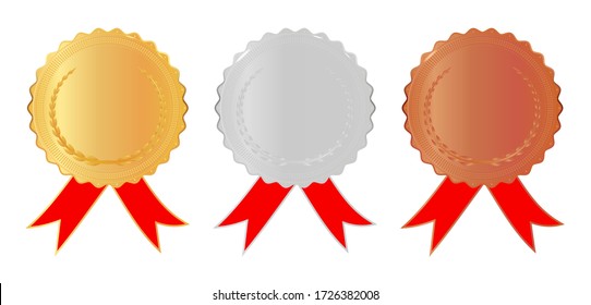 Gold, silver and bronze medals with arms and red ribbons. Medals for 1st, 2nd, 3nd place. Champion reward. Stock vector illustration on white isolated background. 