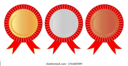 Gold, silver and bronze medals with arms and red ribbons. Medals for 1st, 2nd, 3nd place. Champion reward. Stock vector illustration on white isolated background. 