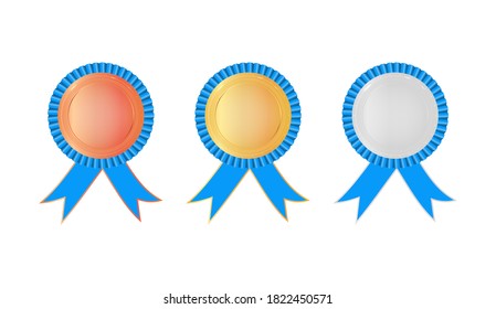 Gold, silver and bronze medals with arms and blue ribbons. Award rosette with ribbon. Medals for 1st, 2nd, 3nd place. Champion reward. Stock vector illustration on white isolated background.