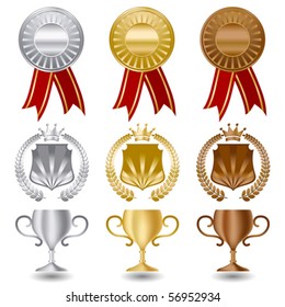 Gold silver and bronze medals award set.
