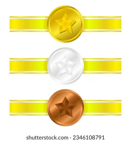 Gold, silver and bronze medals. awards medals. champions medal. Champion winner award metal medal. medal set with ribbon. 
