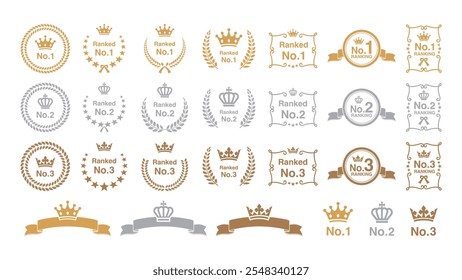 Gold, Silver, and Bronze Medals: Awards with Crown, Laurel Wreaths, Text Frames, Borders, and Rankings for 1st, 2nd, 3rd Positions. Vector.