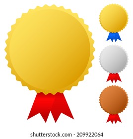 Gold, silver, bronze medals, badges vector graphics. Trophy, winners, top 3 places, honor, award, ribbon vector.
