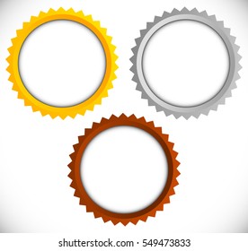 Gold, silver, bronze medals badges buttons w white space