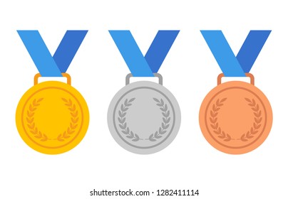 Золотые, серебряные и бронзовые медали с голубой лентой плоские векторные иконки для спортивных приложений и веб-сайтов