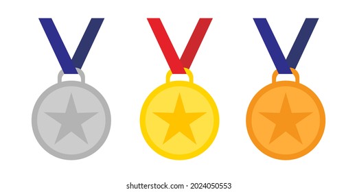 Gold, silver and bronze medals with blue and red ribbon, flat vector icons for sports apps and websites, isolated on white background